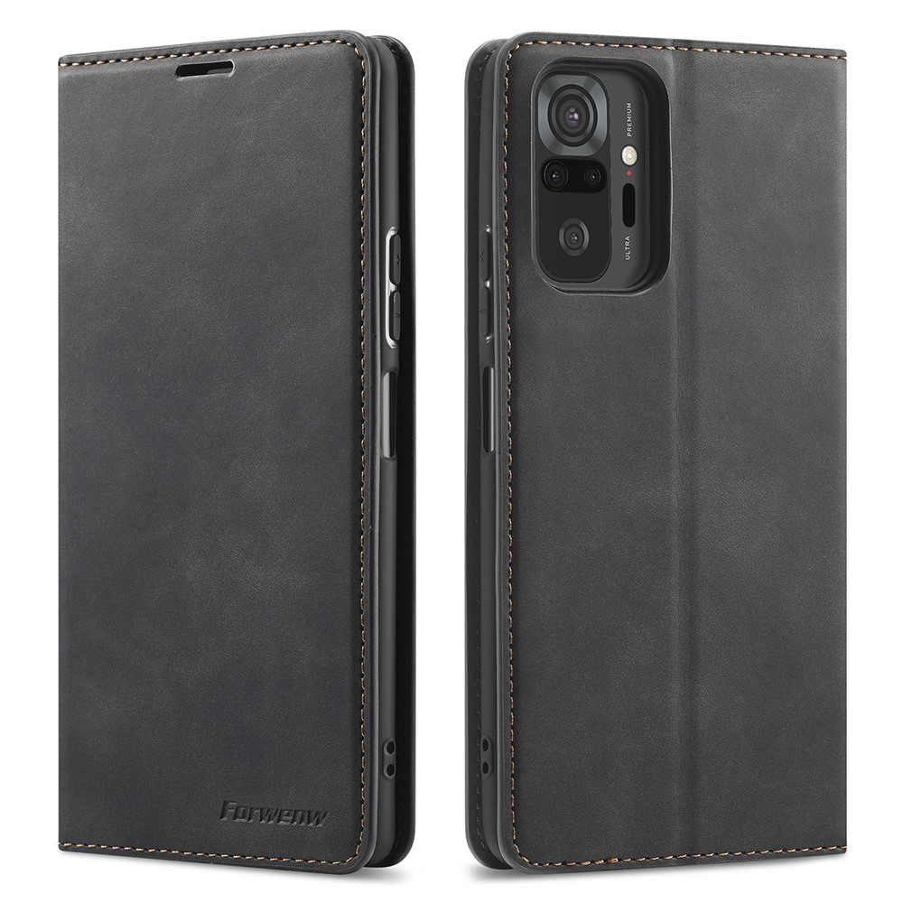 Forwenw Fantasy Series Silky Touch Wallet Capa Carteira Para Xiaomi Redmi Nota 10 Pro / Redmi Nota 10 Pro Max - Preto