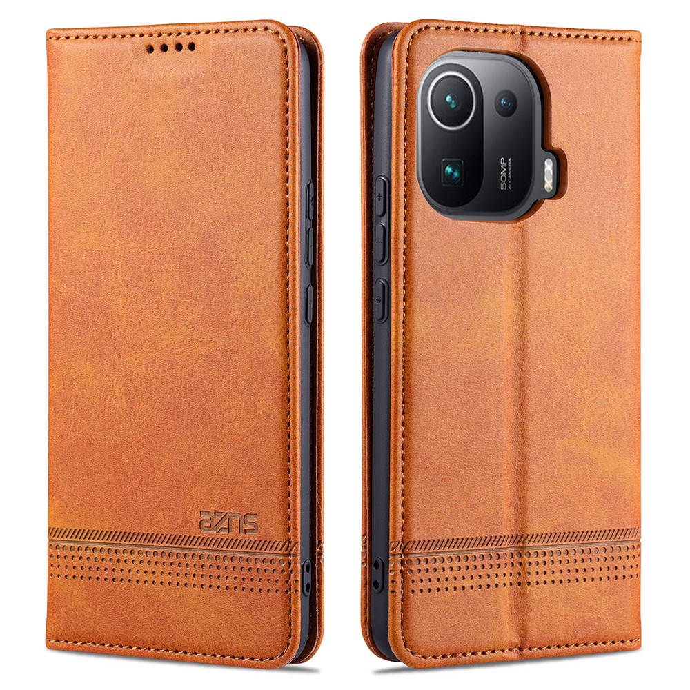 AZNS Auto-absorbed Magnetic Leather Case Stand Wallet Phone Shell for Xiaomi Mi 11 Pro - Brown-1