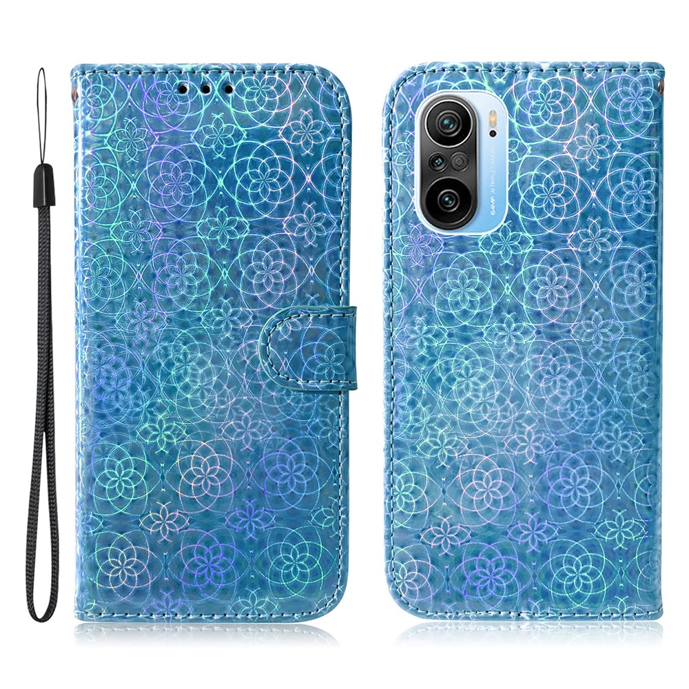 Flower Pattern Leather Stand Wallet Phone Case for Xiaomi Poco F3/Mi 11i/Redmi K40/K40 Pro/K40 Pro Plus - Blue-1