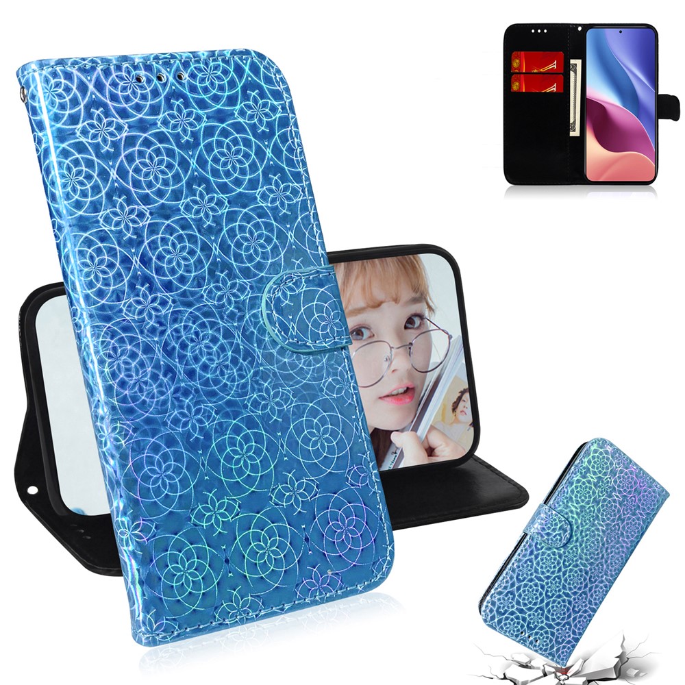 Flower Pattern Leather Stand Wallet Phone Case for Xiaomi Poco F3/Mi 11i/Redmi K40/K40 Pro/K40 Pro Plus - Blue-8