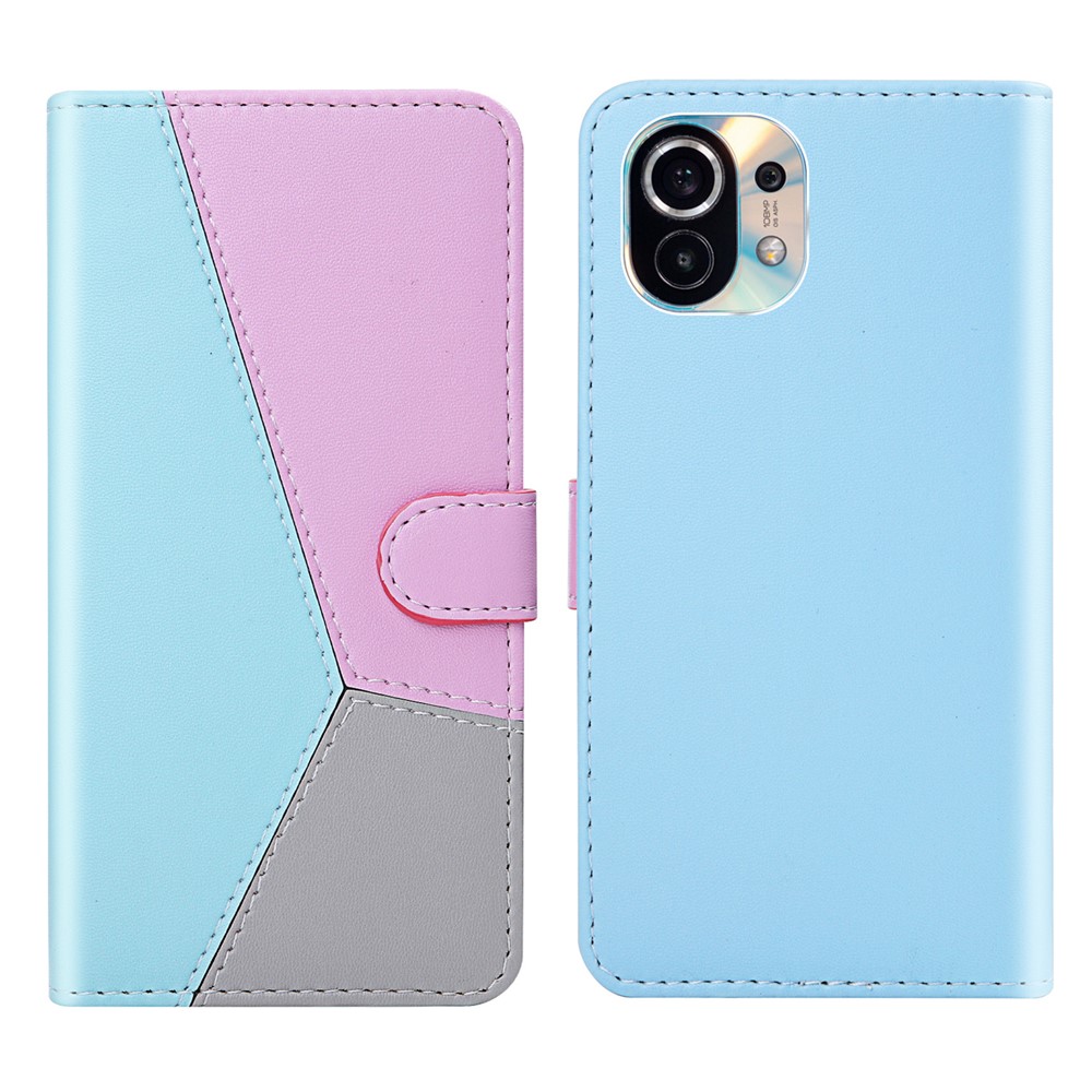 Three-color Splicing Protective Case Wallet Stand Leather Cover Shell for Xiaomi Mi 11 - Blue/Purple/Grey-1