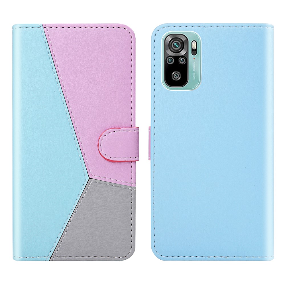 Three-color Splicing Leather Cover Wallet Stand Protective Case for Xiaomi Redmi Note 10 4G/Note 10S - Blue/Purple/Grey-1