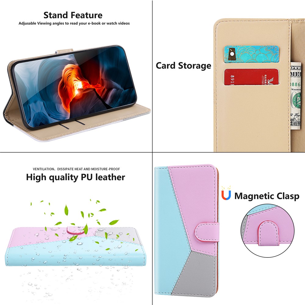 Drei-farben-spleißleder-leder-wallet-ständer Schutzhülle Für Xiaomi Redmi Note 10 4G/Note 10s - Blau/lila/grau-3