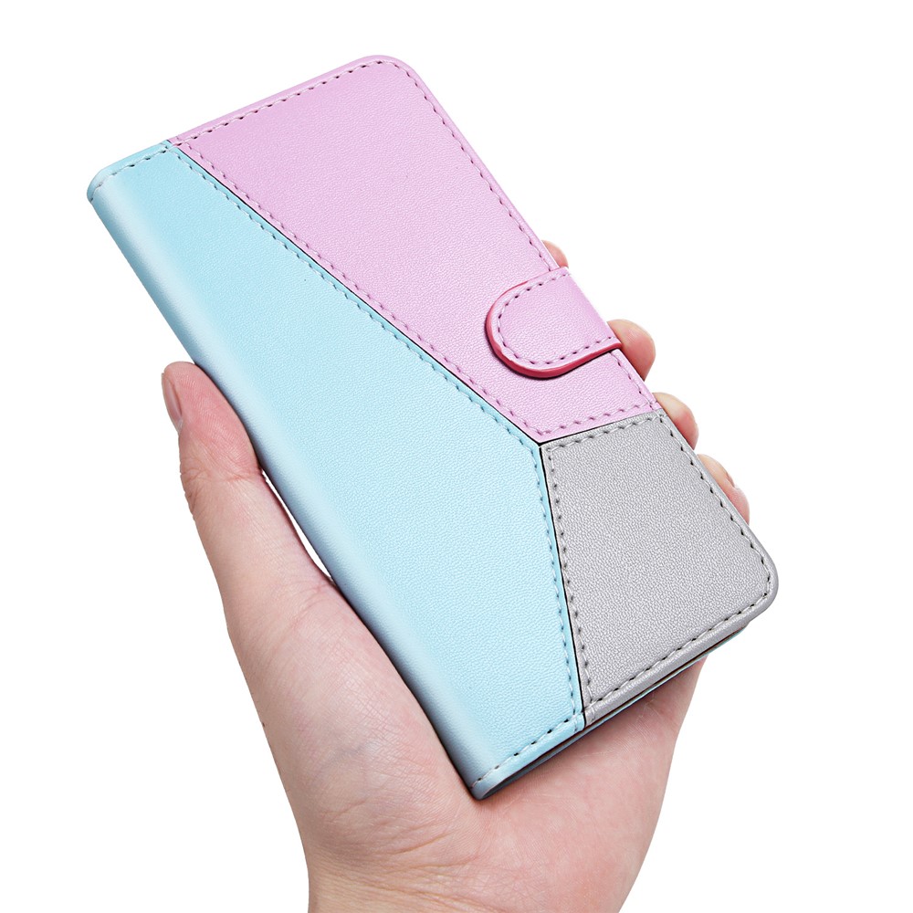 Drei-farben-spleißleder-leder-wallet-ständer Schutzhülle Für Xiaomi Redmi Note 10 4G/Note 10s - Blau/lila/grau-6