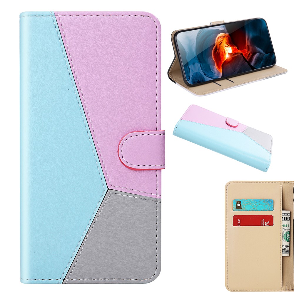 Drei-farben-spleißleder-leder-wallet-ständer Schutzhülle Für Xiaomi Redmi Note 10 4G/Note 10s - Blau/lila/grau-9