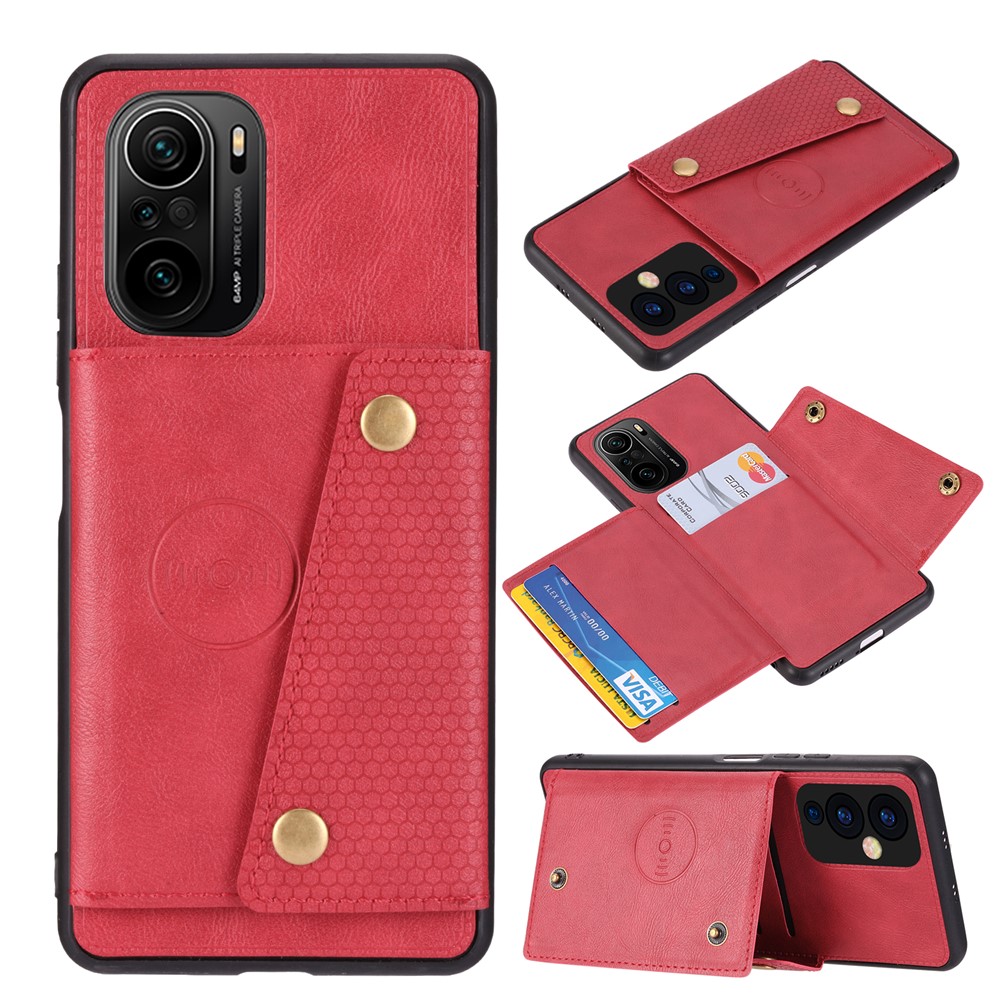 Built-in Magnetic Sheet Design PU Leather Coated TPU Shell Case with Card Slots Kickstand for Xiaomi Redmi K40/K40 Pro/Mi 11i/Poco F3 - Red-7