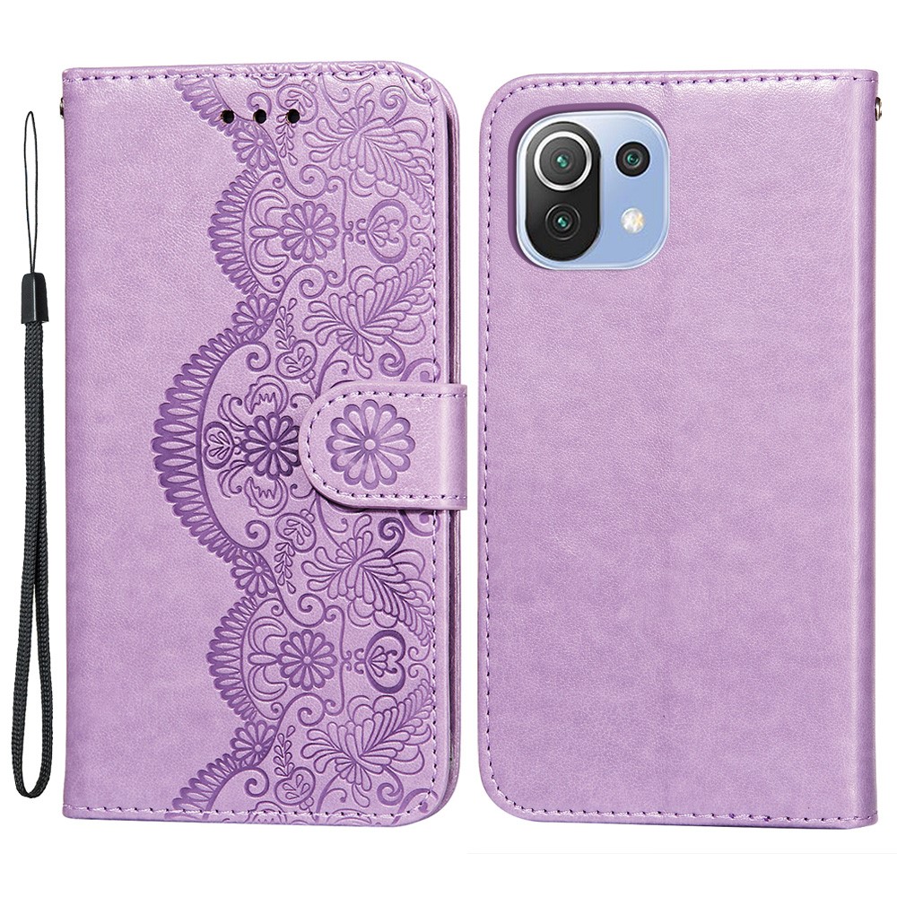 Imprint Flower Leather Wallet Stand Case for Xiaomi Mi 11 Lite 5G/4G - Purple-1