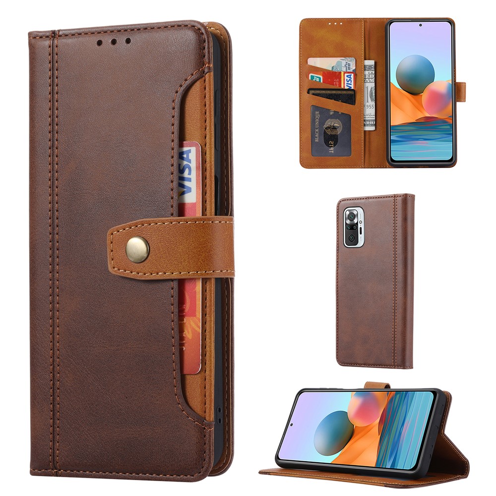 Card Slots Kickstand PU Leather Coated TPU Case for Xiaomi Redmi Note 10 4G/Note 10S - Brown-6