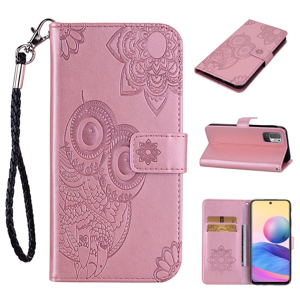 Imprint Flower Owl Pattern Stand Phone Leather Wallet Cover for Xiaomi Redmi Note 10 5G - Rose Gold-7