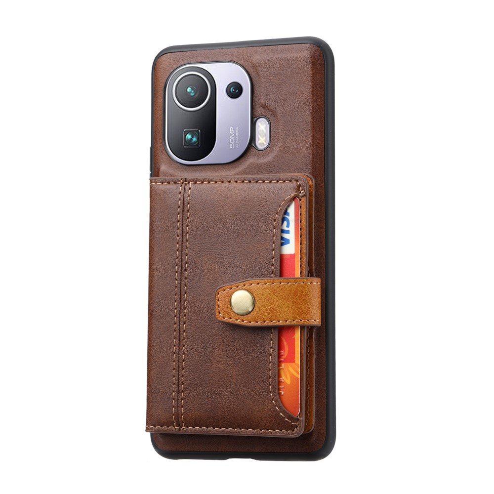 Built-in Card Slots Leather Phone Case Kickstand Design Cover for Xiaomi Mi 11 Pro - Brown-2