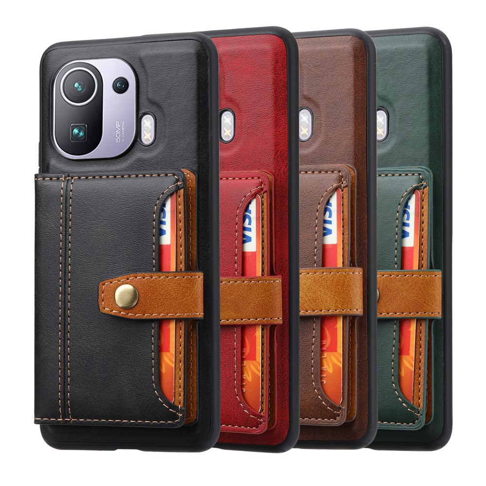 Built-in Card Slots Leather Phone Case Kickstand Design Cover for Xiaomi Mi 11 Pro - Brown-6