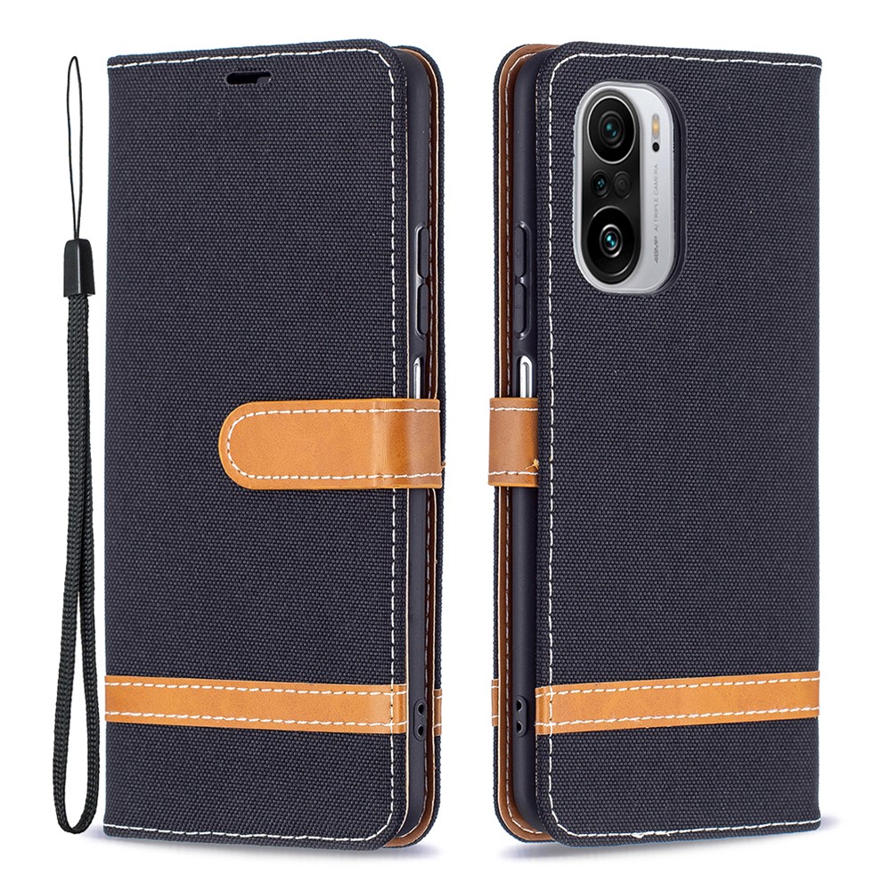 Assorted Color Jeans Cloth Leather Wallet Stand Case for Xiaomi Mi 11i/Poco F3/Redmi K40/K40 Pro - Black-1