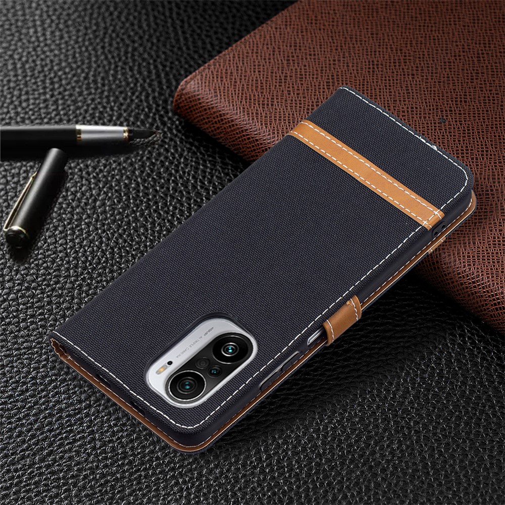 Assorted Color Jeans Cloth Leather Wallet Stand Case for Xiaomi Mi 11i/Poco F3/Redmi K40/K40 Pro - Black-6