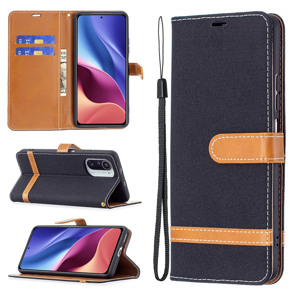 Assorted Color Jeans Cloth Leather Wallet Stand Case for Xiaomi Mi 11i/Poco F3/Redmi K40/K40 Pro - Black-7