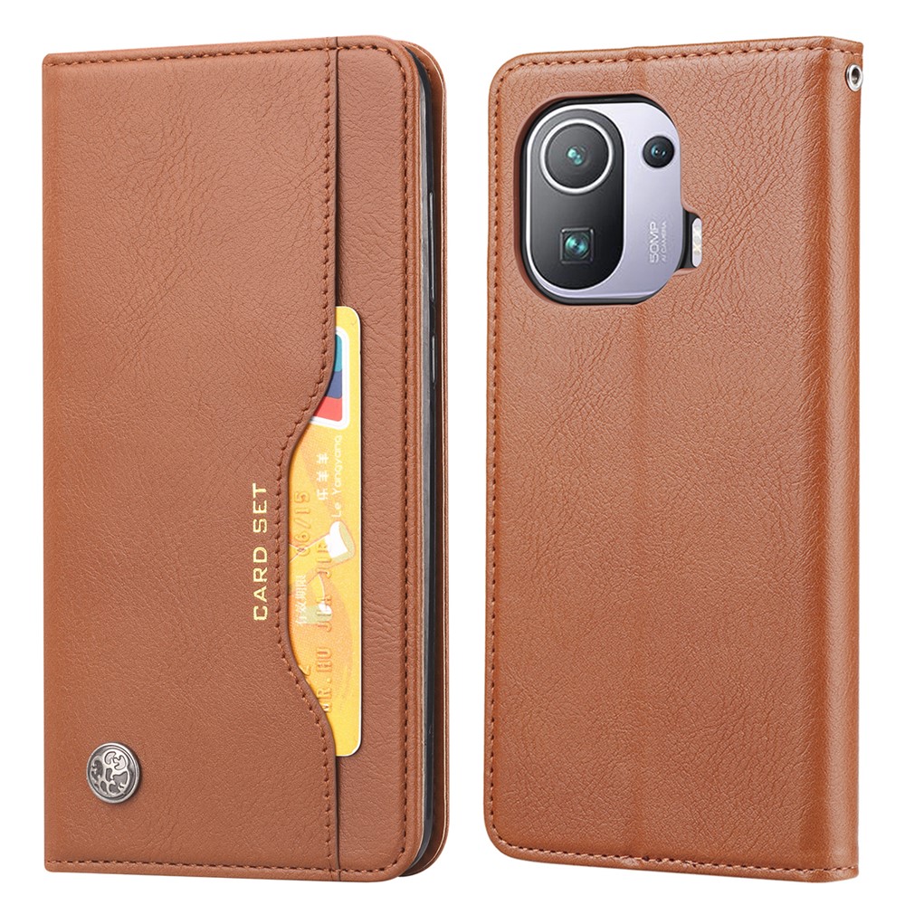 Auto-absorbed Wallet Stand Leather Cover for Xiaomi Mi 11 Pro - Brown-1