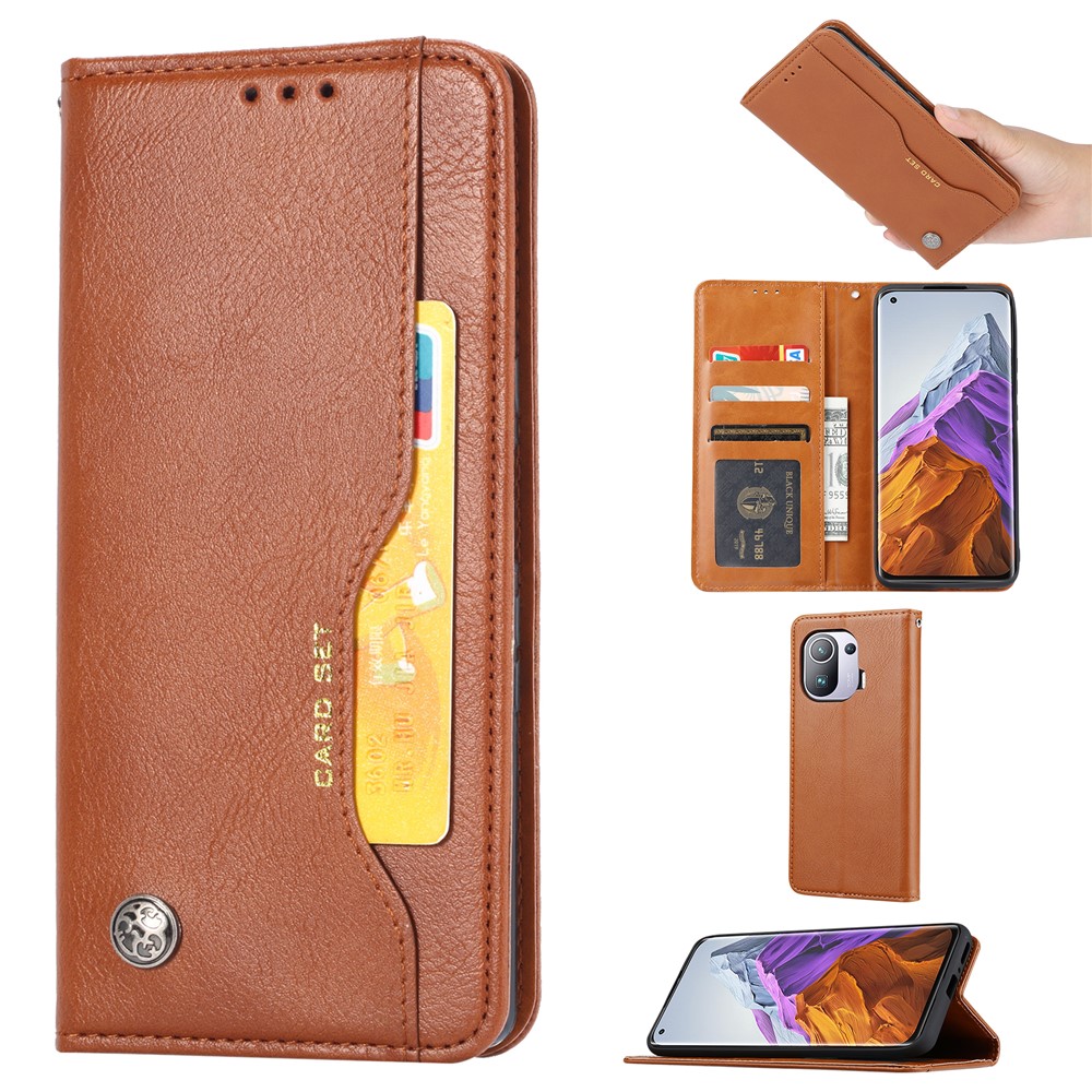 Auto-absorbed Wallet Stand Leather Cover for Xiaomi Mi 11 Pro - Brown-7