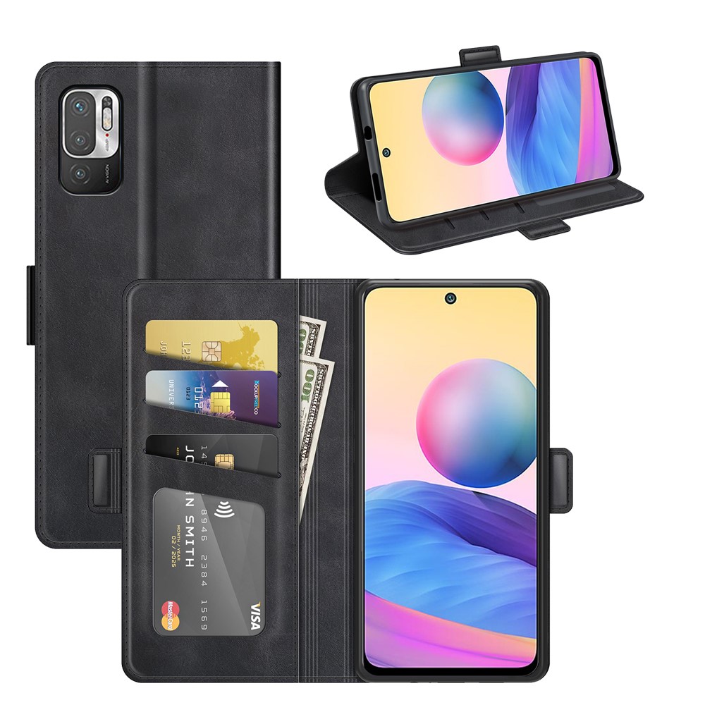 PU Leather Wallet Stand Double Clasp Magnetic Closure Phone Case Shell for Xiaomi Redmi Note 10 5G - Black-8