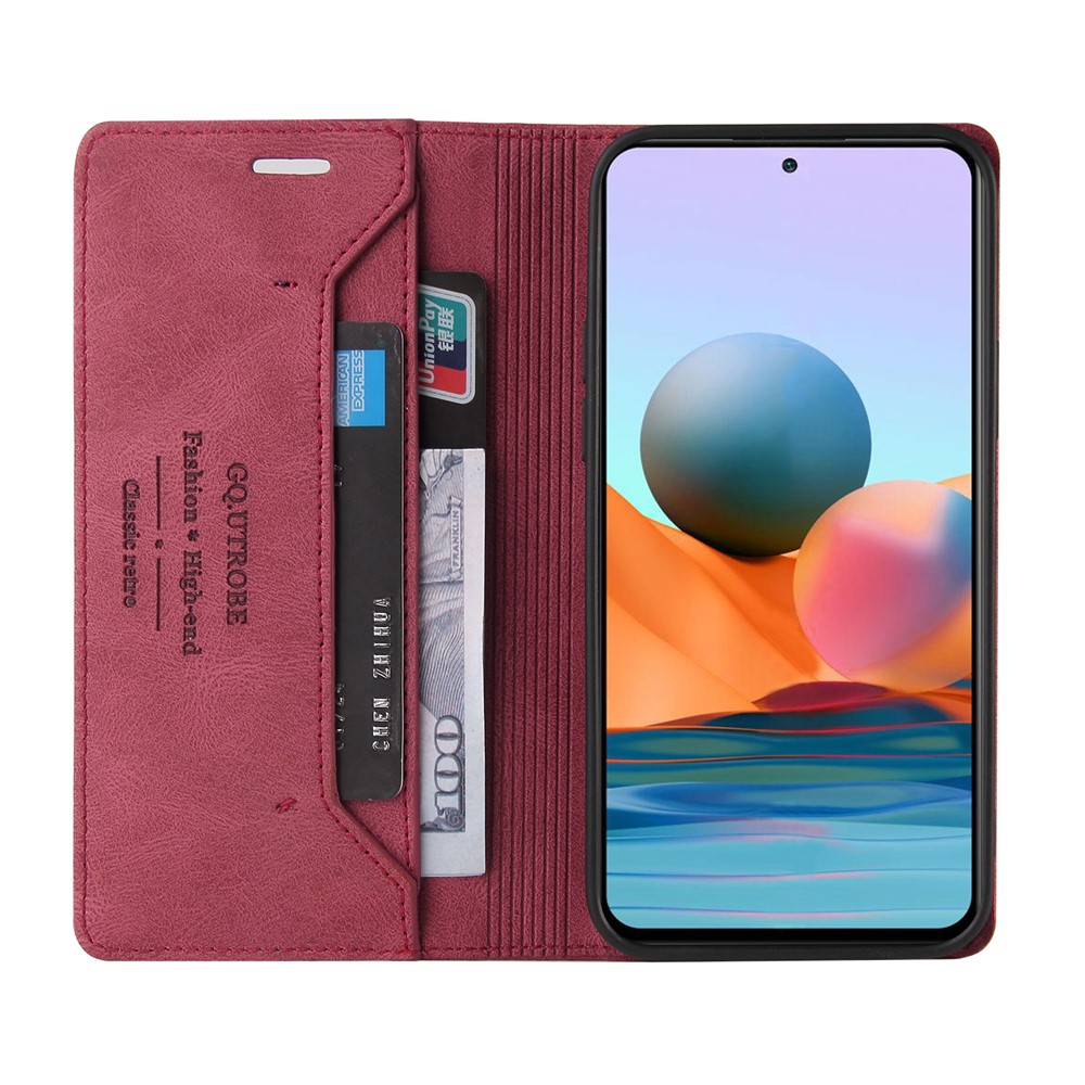 GQ.UTROBE Auto- absorbed Quality Leather Phone Case with Anti-theft Swiping Design for Xiaomi Redmi Note 10 Pro Max / Redmi Note 10 Pro - Red-4
