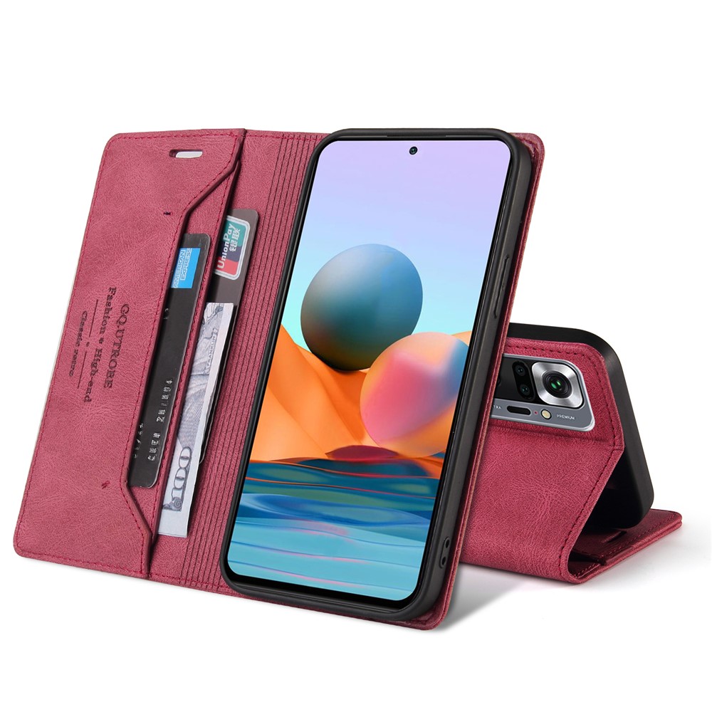 GQ.UTROBE Auto- absorbed Quality Leather Phone Case with Anti-theft Swiping Design for Xiaomi Redmi Note 10 Pro Max / Redmi Note 10 Pro - Red-5