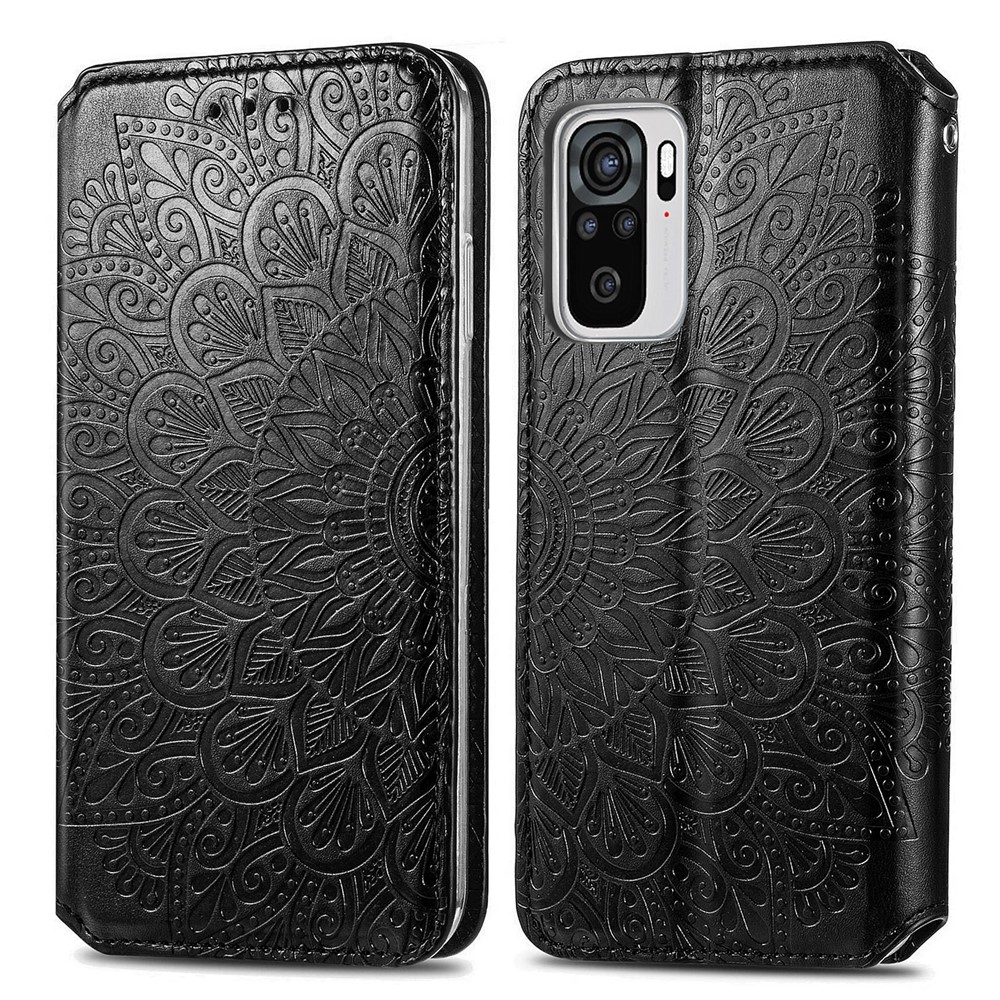 Imprinted Mandala Flower Pattern Auto-absorbed PU Leather Case Stand Wallet for Xiaomi Redmi Note 10 4G / Redmi Note 10S - Black-1