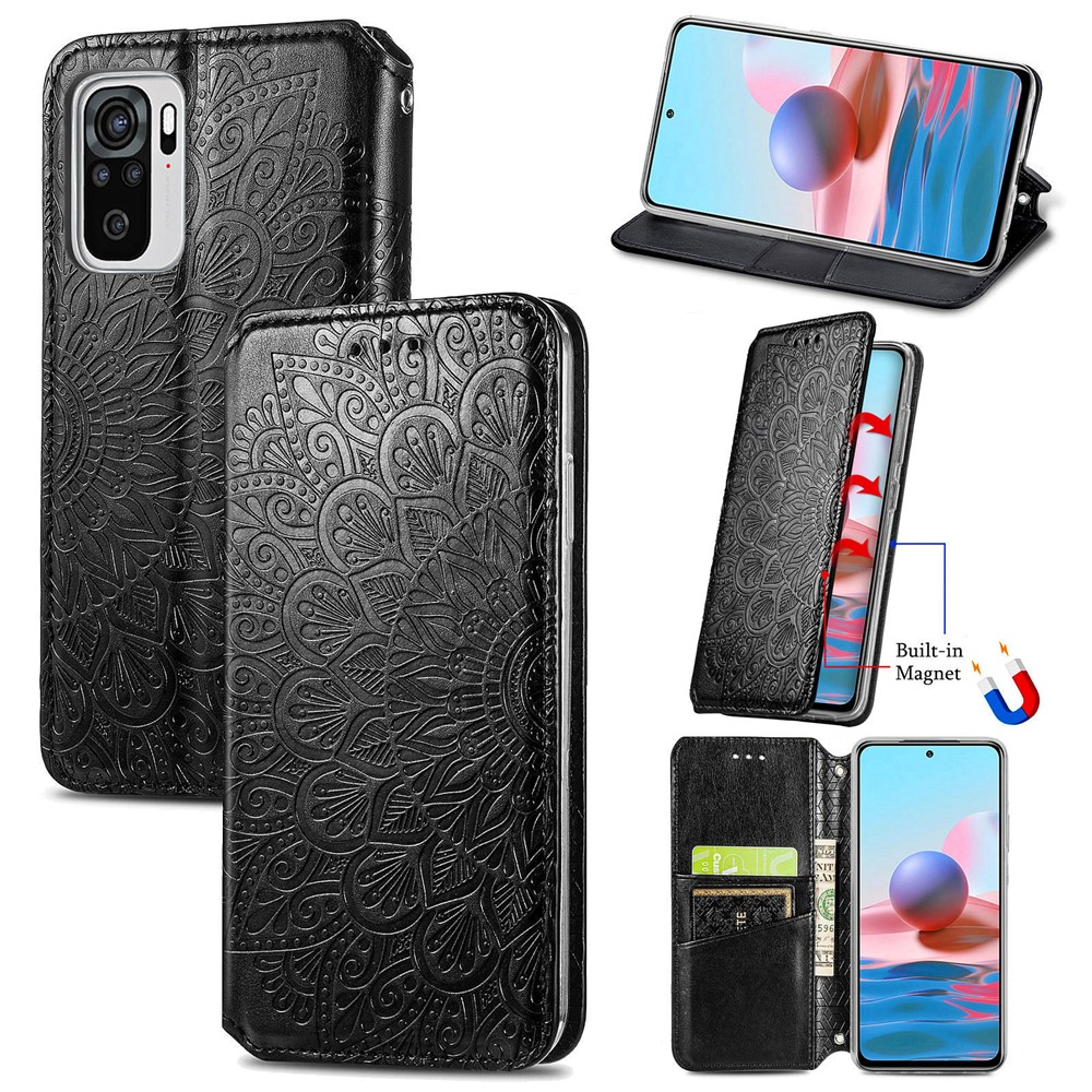 Imprinted Mandala Flower Pattern Auto-absorbed PU Leather Case Stand Wallet for Xiaomi Redmi Note 10 4G / Redmi Note 10S - Black-13
