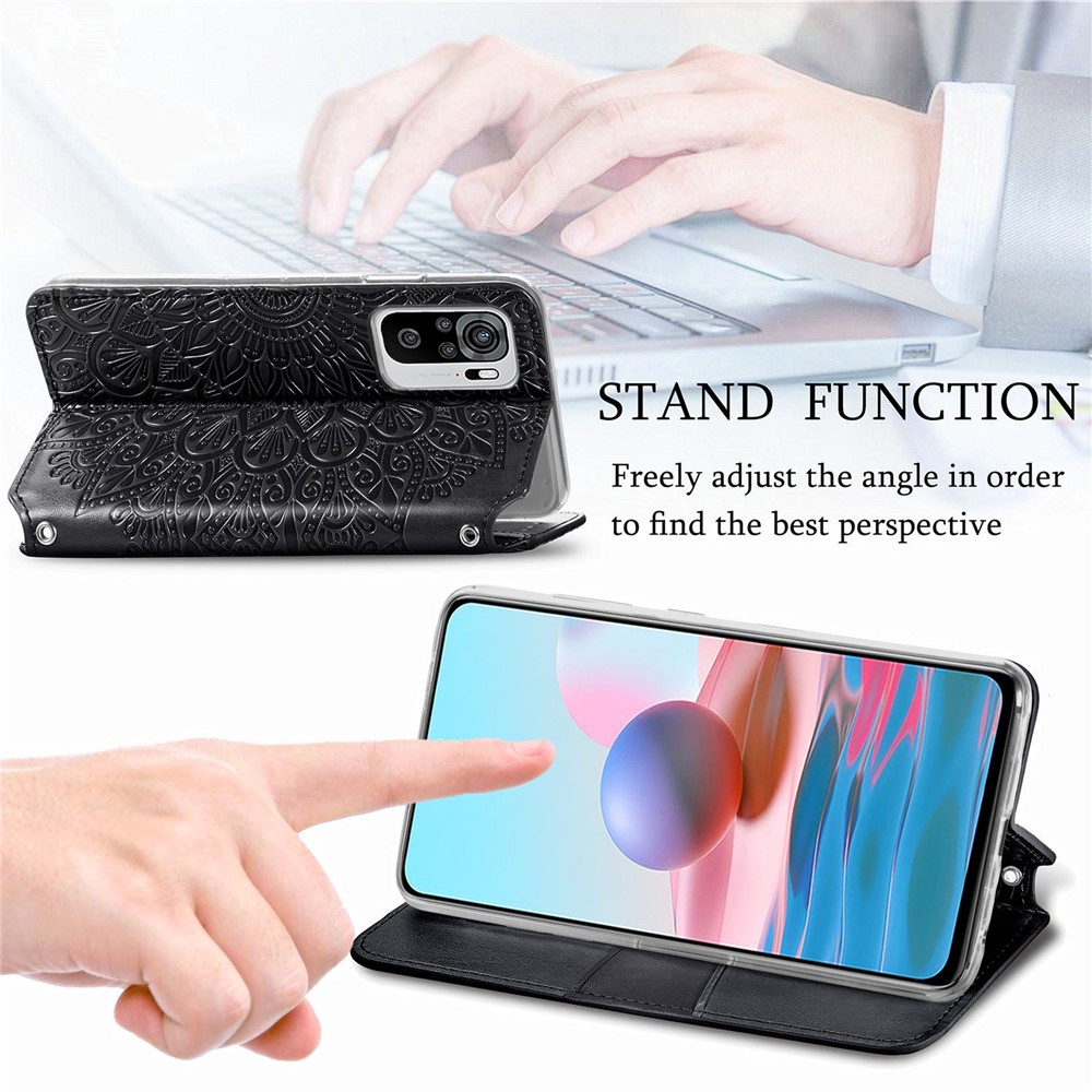 Imprinted Mandala Flower Pattern Auto-absorbed PU Leather Case Stand Wallet for Xiaomi Redmi Note 10 4G / Redmi Note 10S - Black-3