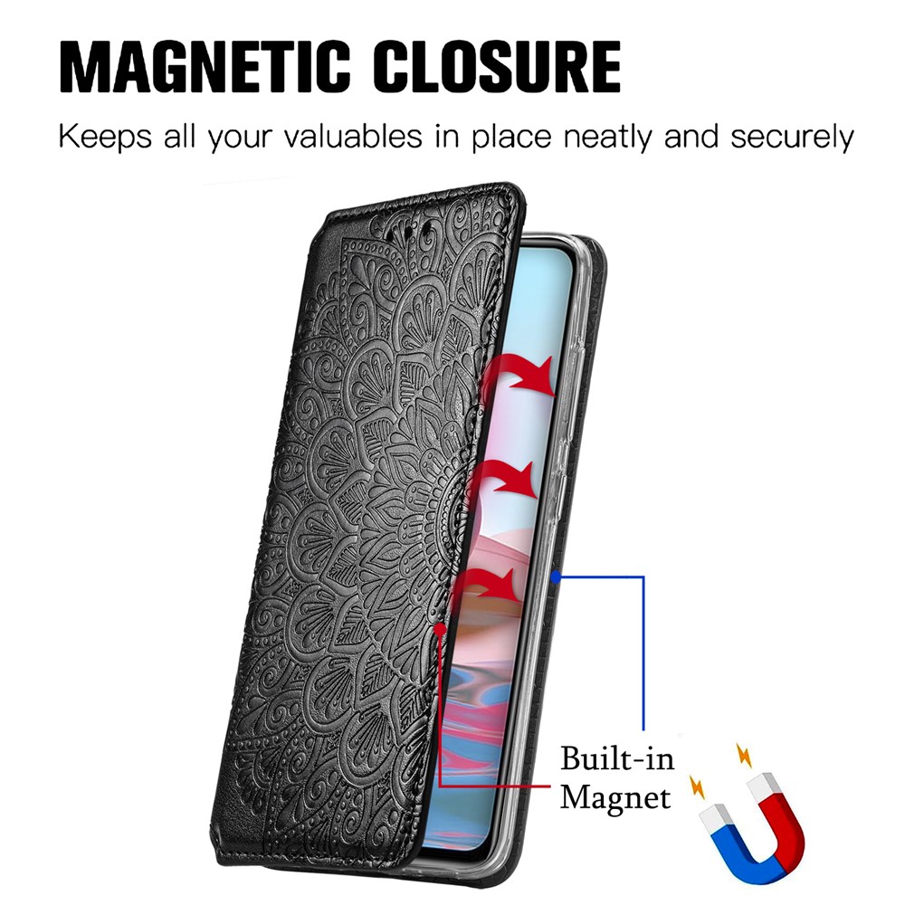 Imprinted Mandala Flower Pattern Auto-absorbed PU Leather Case Stand Wallet for Xiaomi Redmi Note 10 4G / Redmi Note 10S - Black-4