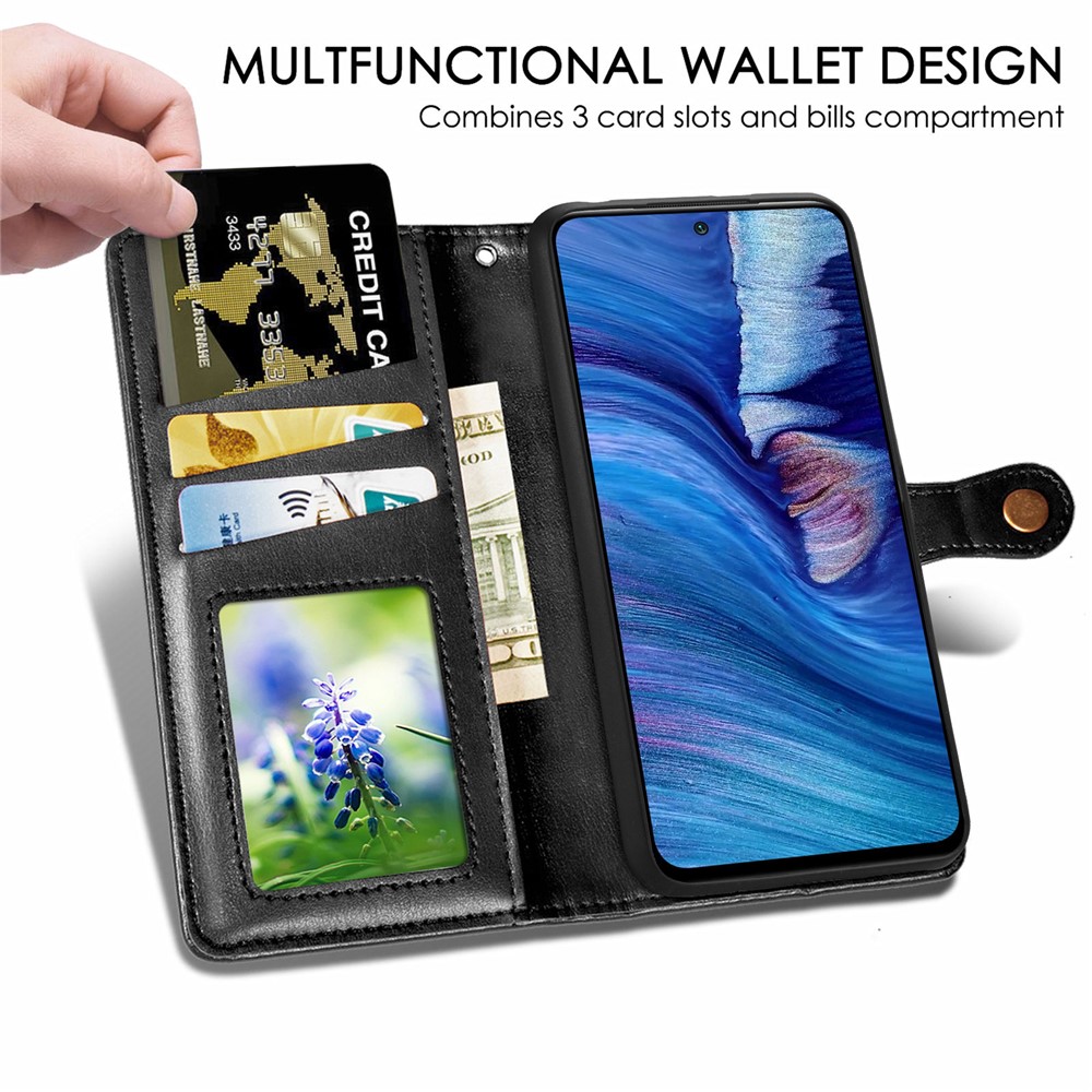 Magnetic Round Buckle Design Solid Color Wallet Stand Leather Phone Case Shell for Xiaomi Redmi Note 10 5G - Black-3