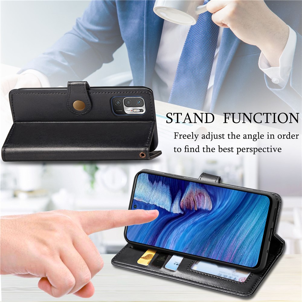 Magnetic Round Buckle Design Solid Color Wallet Stand Leather Phone Case Shell for Xiaomi Redmi Note 10 5G - Black-6
