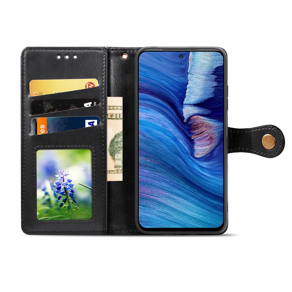 Magnetic Round Buckle Design Solid Color Wallet Stand Leather Phone Case Shell for Xiaomi Redmi Note 10 5G - Black-9