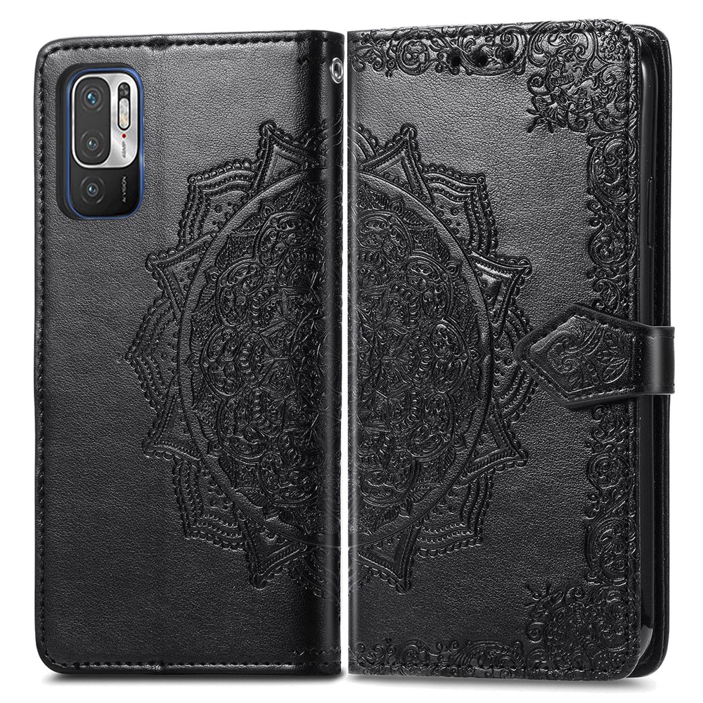 Embossed Mandala Flower PU Leather Case Stand Wallet for Xiaomi Redmi Note 10 5G - Black-1