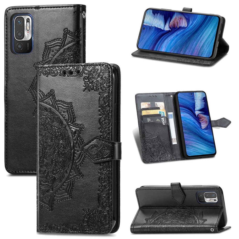 Embossed Mandala Flower PU Leather Case Stand Wallet for Xiaomi Redmi Note 10 5G - Black-12
