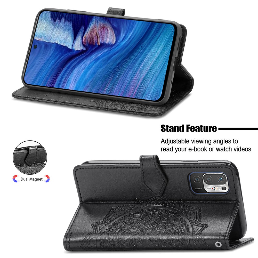 Embossed Mandala Flower PU Leather Case Stand Wallet for Xiaomi Redmi Note 10 5G - Black-3
