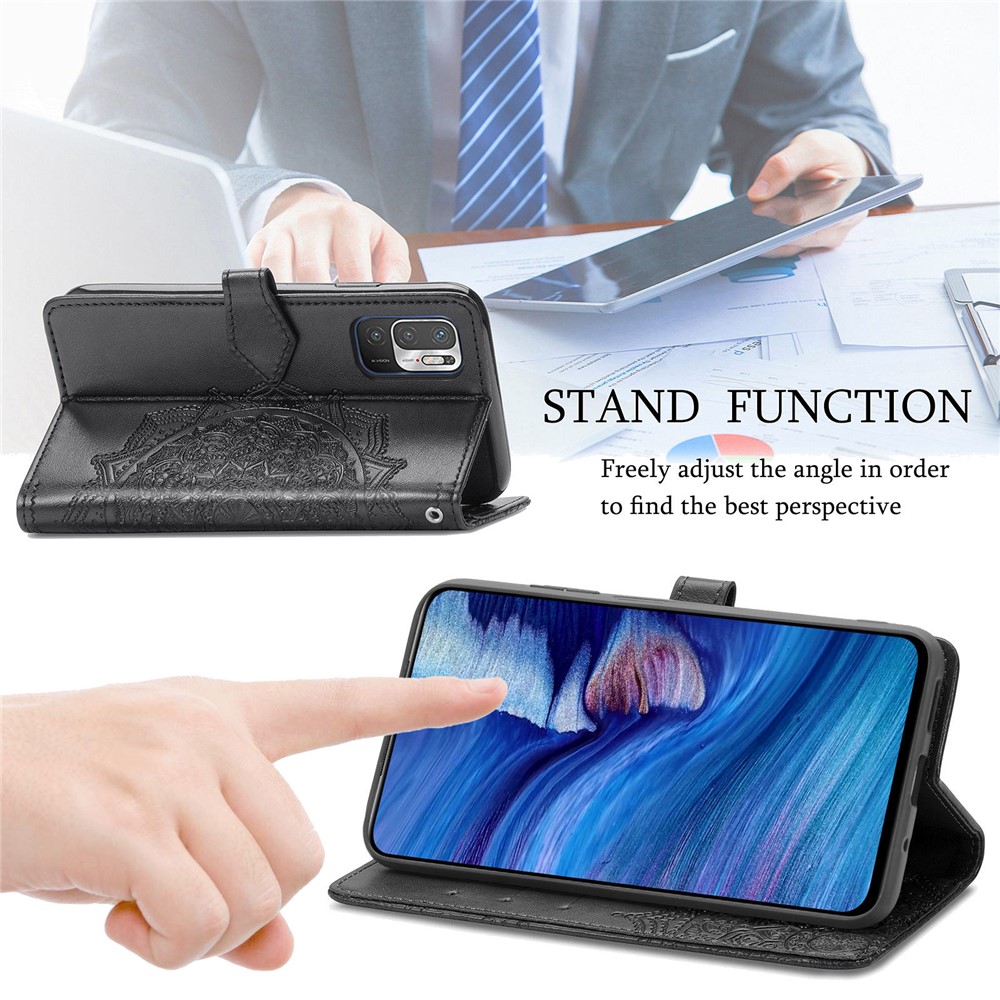 Embossed Mandala Flower PU Leather Case Stand Wallet for Xiaomi Redmi Note 10 5G - Black-5