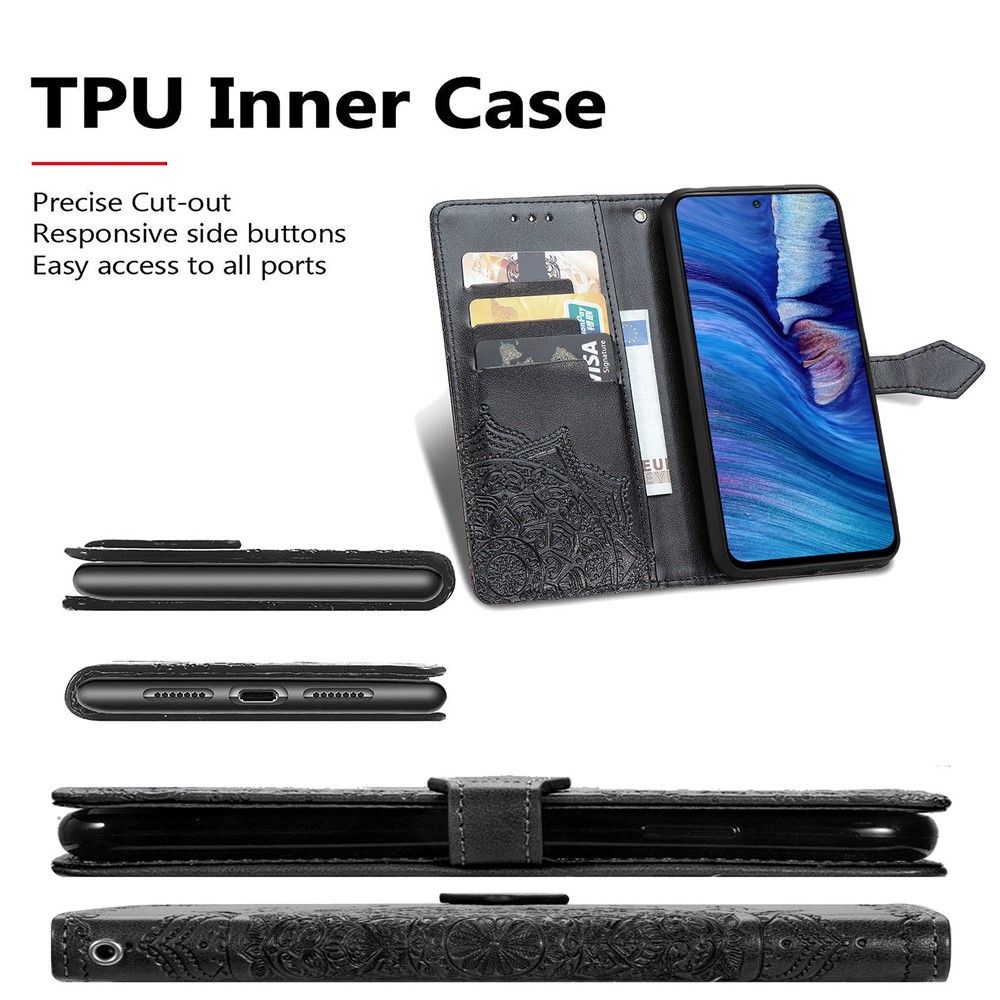 Embossed Mandala Flower PU Leather Case Stand Wallet for Xiaomi Redmi Note 10 5G - Black-6