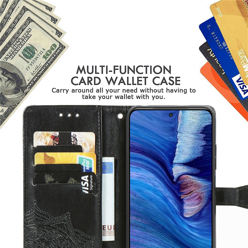 Embossed Mandala Flower PU Leather Case Stand Wallet for Xiaomi Redmi Note 10 5G - Black-9