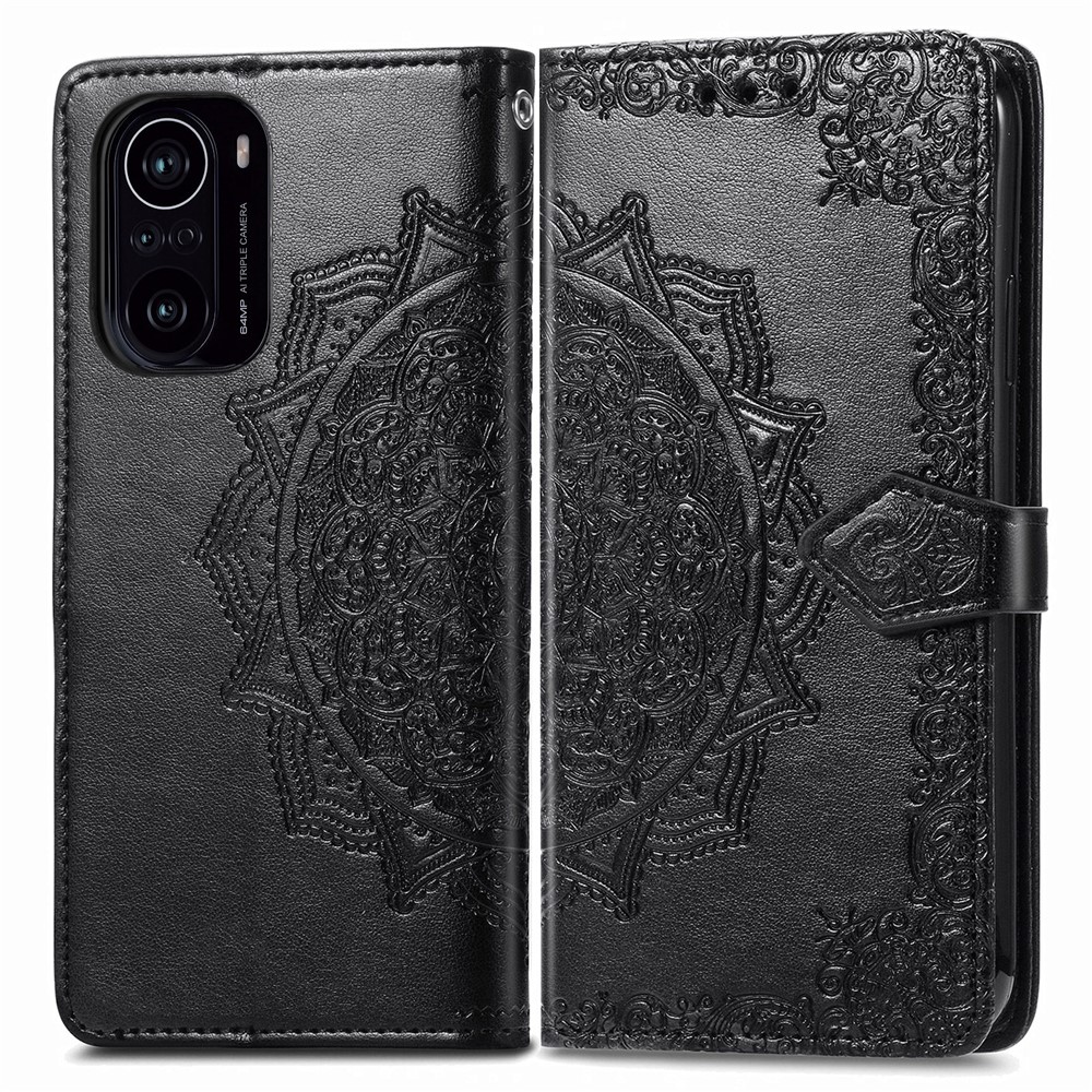 Embossed Mandala Flower PU Leather Case Stand Wallet for Xiaomi Redmi K40 / Redmi K40 Pro / Poco F3 / Mi 11i - Black-1