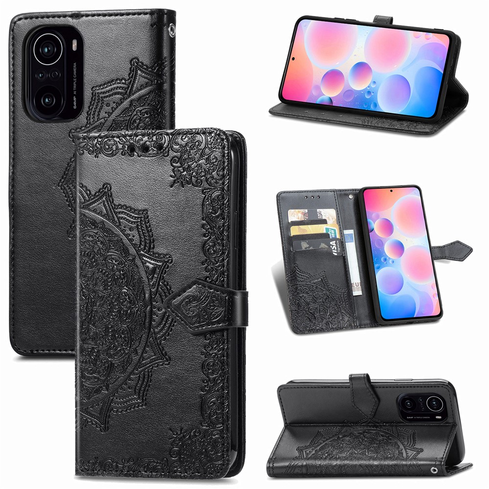 Embossed Mandala Flower PU Leather Case Stand Wallet for Xiaomi Redmi K40 / Redmi K40 Pro / Poco F3 / Mi 11i - Black-12