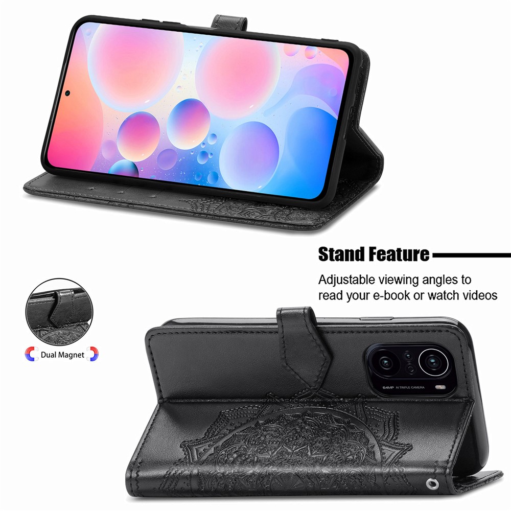 Embossed Mandala Flower PU Leather Case Stand Wallet for Xiaomi Redmi K40 / Redmi K40 Pro / Poco F3 / Mi 11i - Black-3