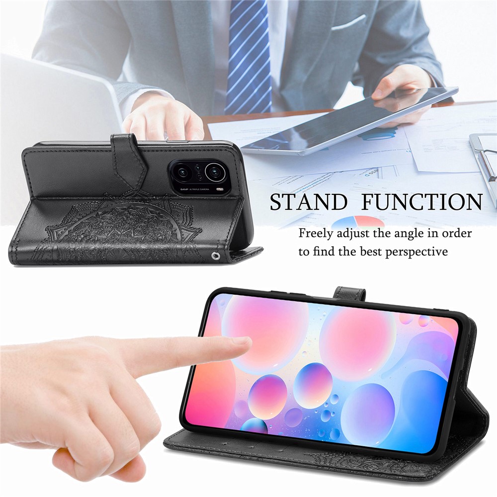 Embossed Mandala Flower PU Leather Case Stand Wallet for Xiaomi Redmi K40 / Redmi K40 Pro / Poco F3 / Mi 11i - Black-5