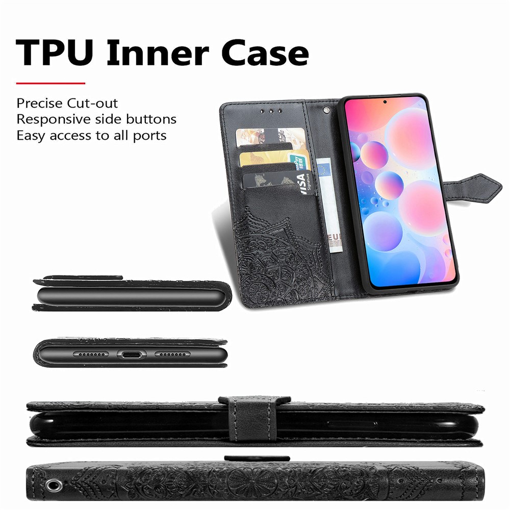 Embossed Mandala Flower PU Leather Case Stand Wallet for Xiaomi Redmi K40 / Redmi K40 Pro / Poco F3 / Mi 11i - Black-6