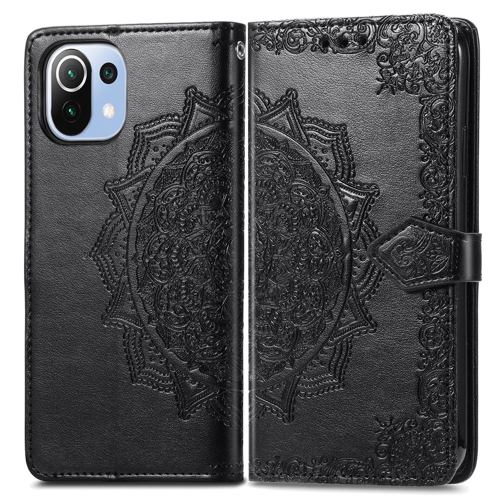 Embossed Mandala Flower PU Leather Case Stand Wallet for Xiaomi Mi 11 Lite 4G / 5G - Black-1