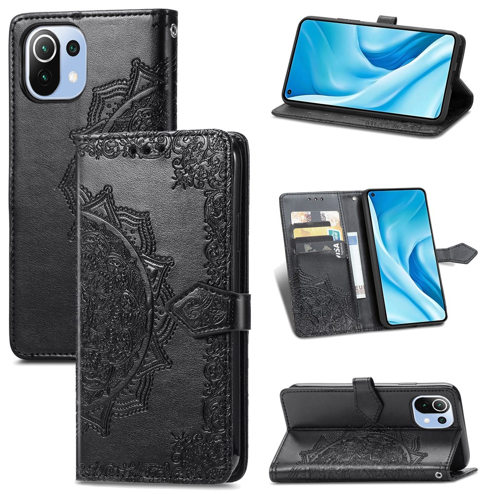 Embossed Mandala Flower PU Leather Case Stand Wallet for Xiaomi Mi 11 Lite 4G / 5G - Black-12