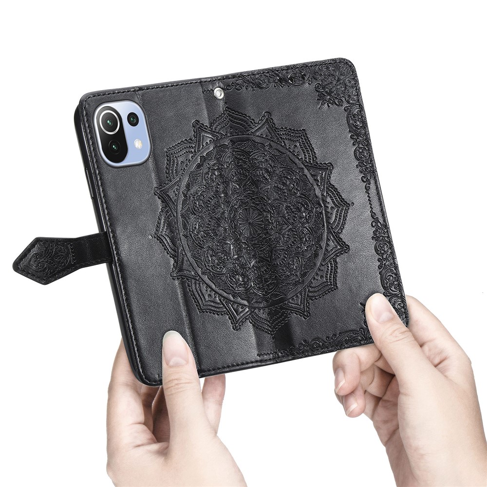 Embossed Mandala Flower PU Leather Case Stand Wallet for Xiaomi Mi 11 Lite 4G / 5G - Black-4
