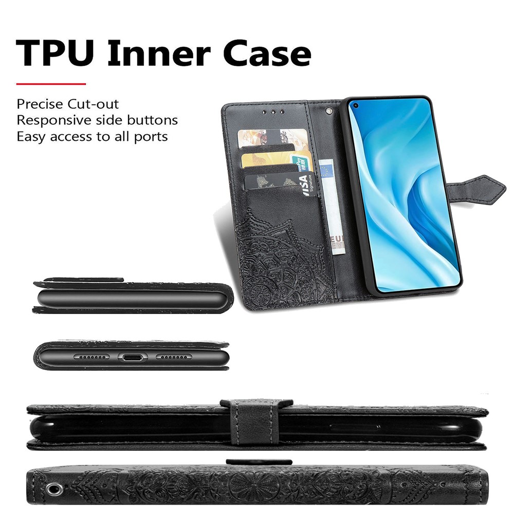 Embossed Mandala Flower PU Leather Case Stand Wallet for Xiaomi Mi 11 Lite 4G / 5G - Black-6