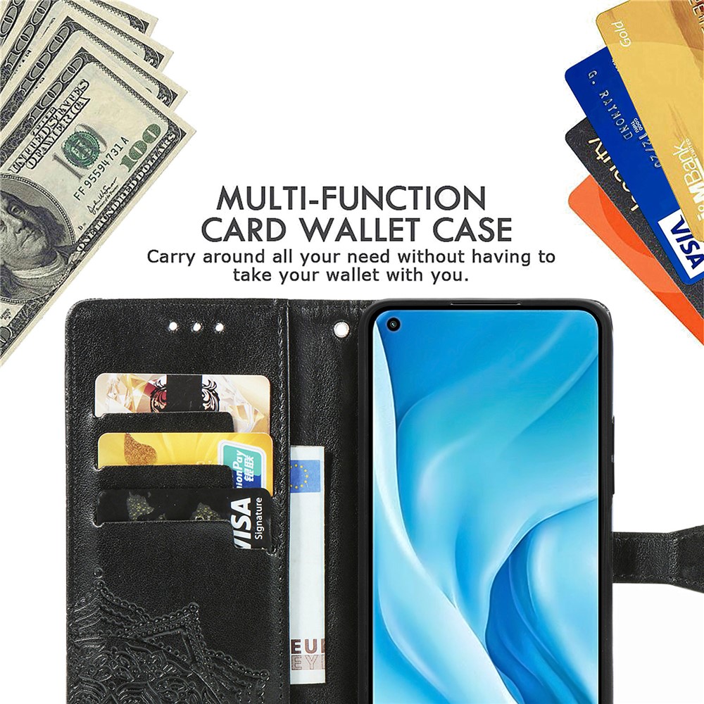 Embossed Mandala Flower PU Leather Case Stand Wallet for Xiaomi Mi 11 Lite 4G / 5G - Black-9