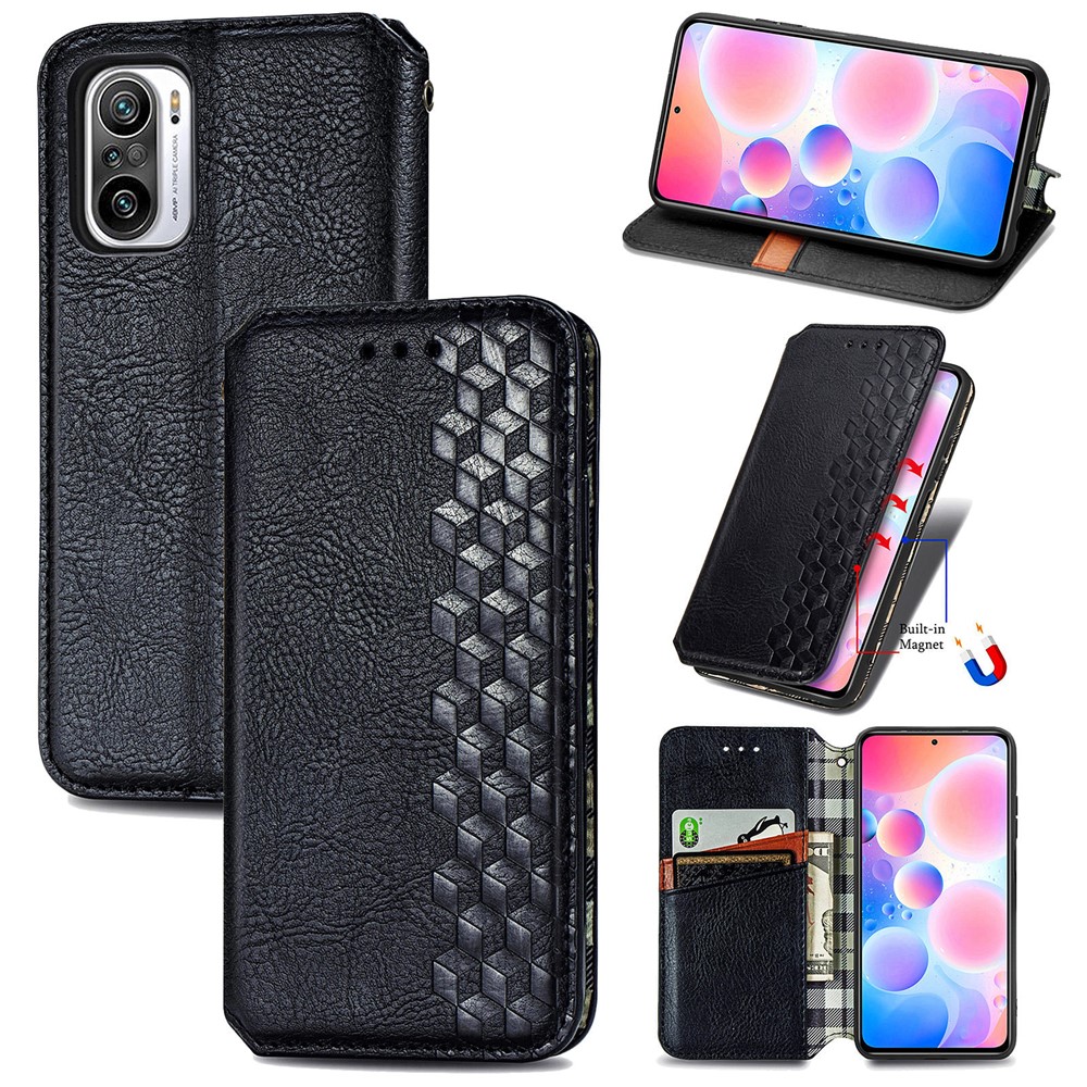 Rhombus Imprinting Design Auto-Absorbed Magnet PU Leather Case with Wallet Stand for Xiaomi Redmi Note 10 Pro Max / Redmi Note 10 Pro (EU Version) - Black-13