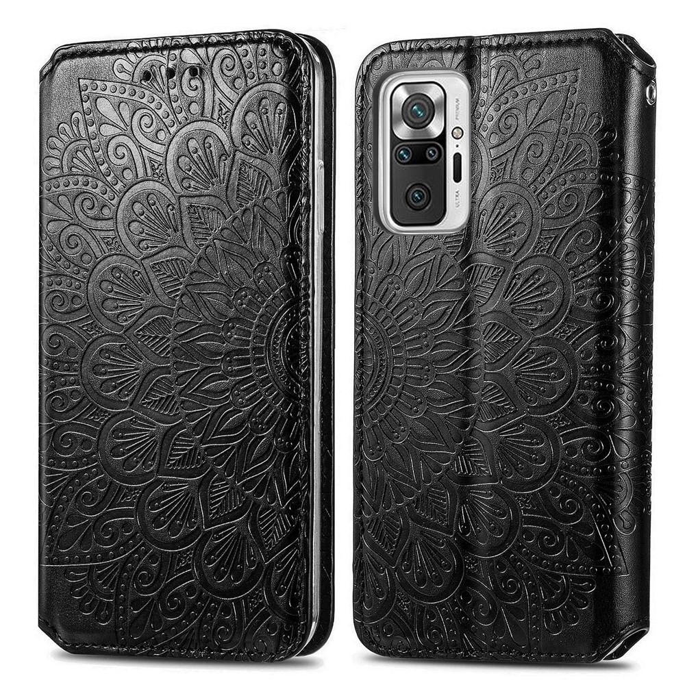 Imprinted Mandala Flower Pattern Auto-absorbed PU Leather Case Stand Wallet for Xiaomi Redmi Note 10 Pro / Redmi Note 10 Pro Max - Black-1