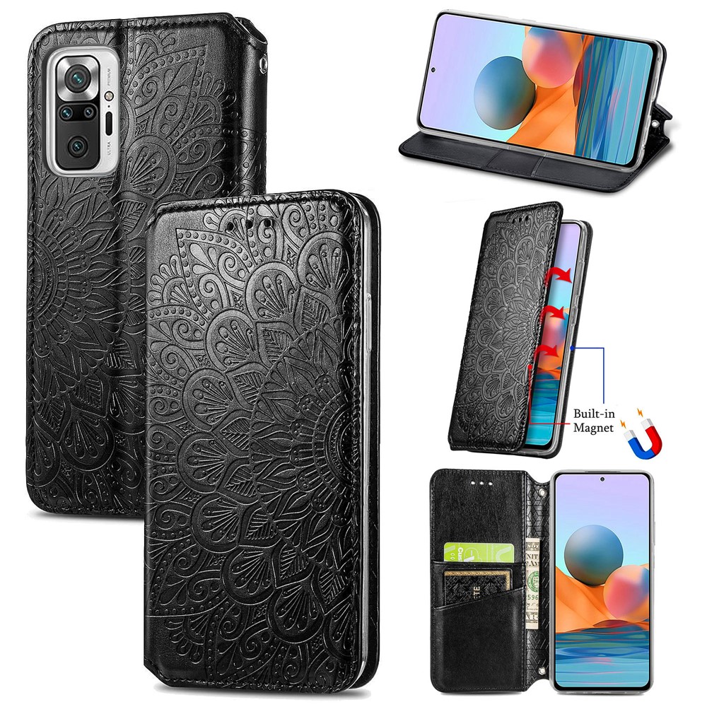 Imprinted Mandala Flower Pattern Auto-absorbed PU Leather Case Stand Wallet for Xiaomi Redmi Note 10 Pro / Redmi Note 10 Pro Max - Black-13