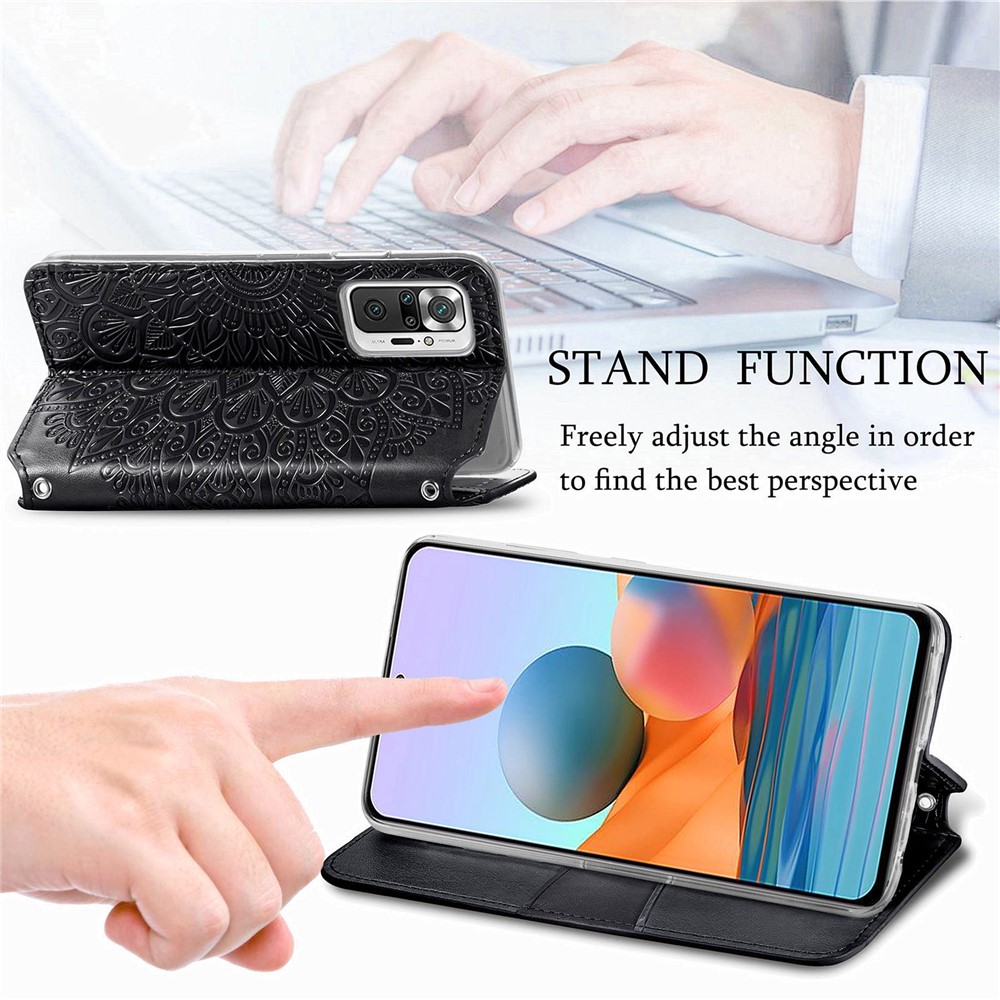 Imprinted Mandala Flower Pattern Auto-absorbed PU Leather Case Stand Wallet for Xiaomi Redmi Note 10 Pro / Redmi Note 10 Pro Max - Black-3